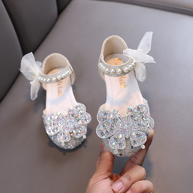 Pantofi de dans pentru copii din piele, cu decor diamant – Velcro, vârf PU, talpă din tendoane de vită, respirabili și antiderapante