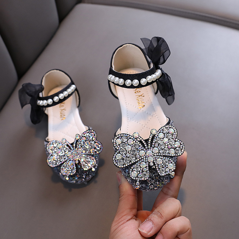 Pantofi de dans pentru copii din piele, cu decor diamant – Velcro, vârf PU, talpă din tendoane de vită, respirabili și antiderapante