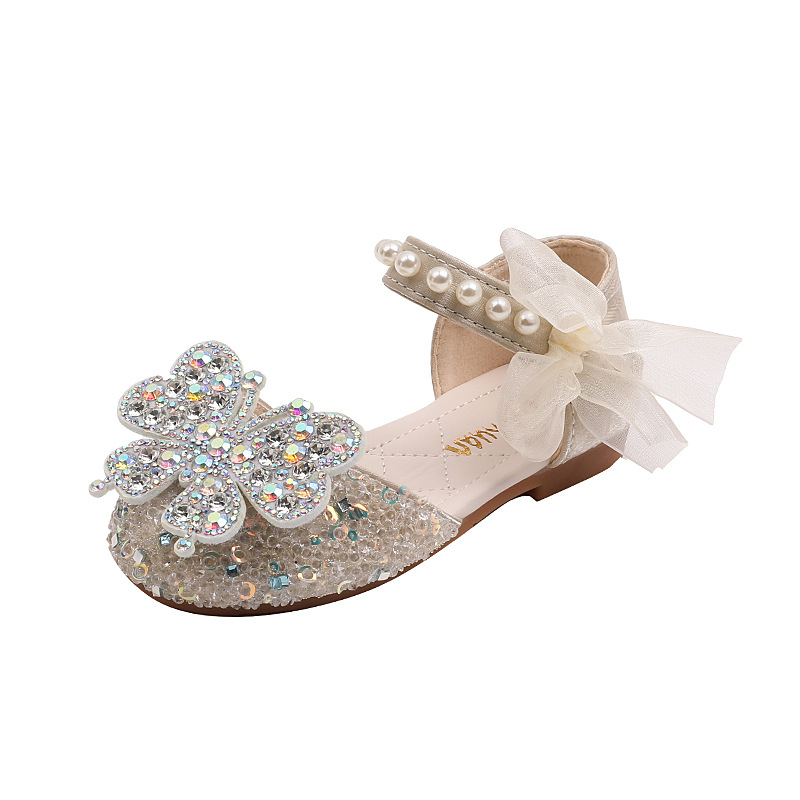Pantofi de dans pentru copii din piele, cu decor diamant – Velcro, vârf PU, talpă din tendoane de vită, respirabili și antiderapante