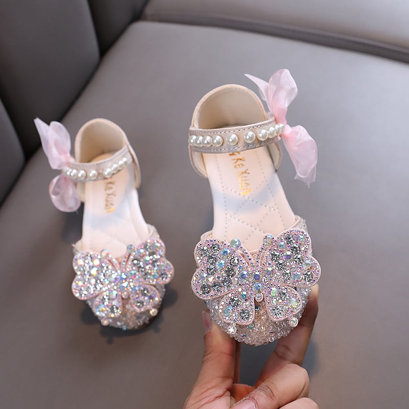 Pantofi de dans pentru copii din piele, cu decor diamant – Velcro, vârf PU, talpă din tendoane de vită, respirabili și antiderapante