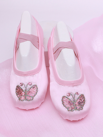 Детски балетни обувки за танци, мека подметка, бродирани върху синтетична кожа и памучен плат, дишащи и леки, за балет и сценични танци