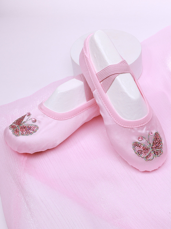 Детски балетни обувки за танци, мека подметка, бродирани върху синтетична кожа и памучен плат, дишащи и леки, за балет и сценични танци