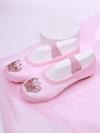 Детски балетни обувки за танци, мека подметка, бродирани върху синтетична кожа и памучен плат, дишащи и леки, за балет и сценични танци