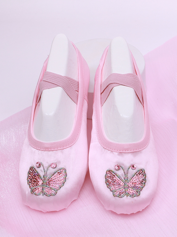 Детски балетни обувки за танци, мека подметка, бродирани върху синтетична кожа и памучен плат, дишащи и леки, за балет и сценични танци