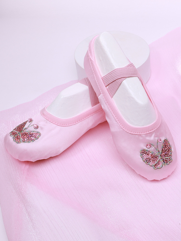 Детски балетни обувки за танци, мека подметка, бродирани върху синтетична кожа и памучен плат, дишащи и леки, за балет и сценични танци