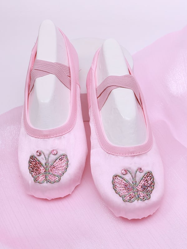 Детски балетни обувки за танци, мека подметка, бродирани върху синтетична кожа и памучен плат, дишащи и леки, за балет и сценични танци
