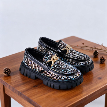 Loafers din piele pentru copii, stil coreean, cu rhinestones, exterior PU, talpă TPR