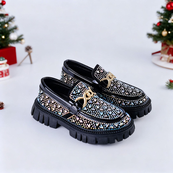Loafers din piele pentru copii, stil coreean, cu rhinestones, exterior PU, talpă TPR