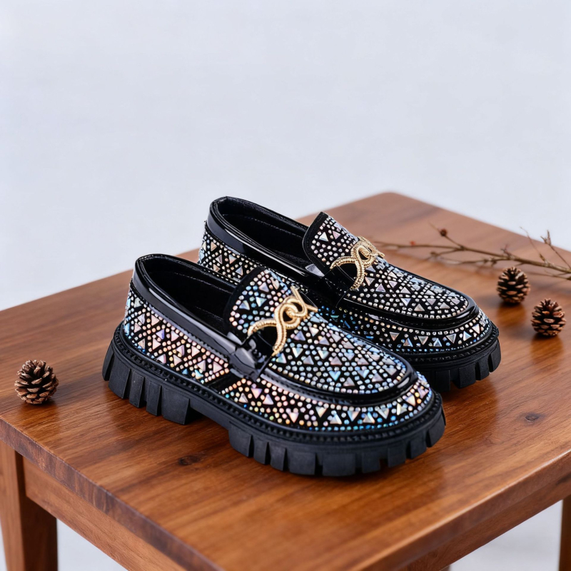 Loafers din piele pentru copii, stil coreean, cu rhinestones, exterior PU, talpă TPR