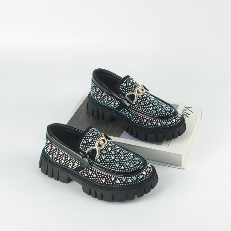 Loafers din piele pentru copii, stil coreean, cu rhinestones, exterior PU, talpă TPR