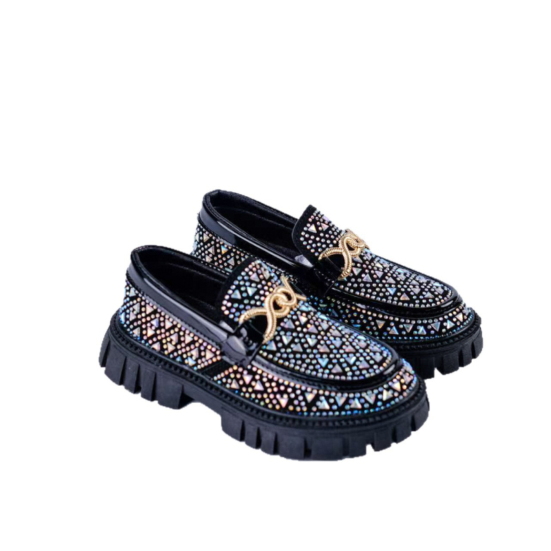 Loafers din piele pentru copii, stil coreean, cu rhinestones, exterior PU, talpă TPR