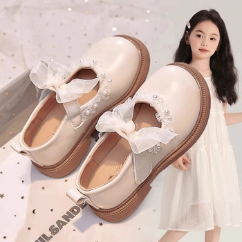 Dječje cipele od PU kože za djevojčice s mašnicom, kopčanje na Velcro, niski gornji dio, gumena potplata, prozračne i vodootporne, stil princeze, proljeće 2025