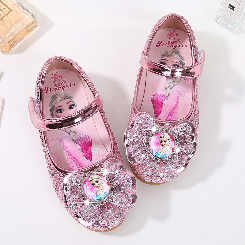 Pantofi prințesă pentru fetițe, talpă moale, PU partea superioară, închidere Velcro, paiete, model desen animat