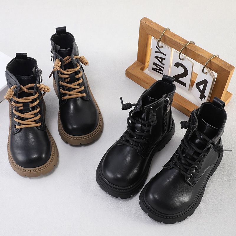 Dječje čizme od kože u britanskom stilu, crne, bočni zip, gležnjača, jesen-zima 2024