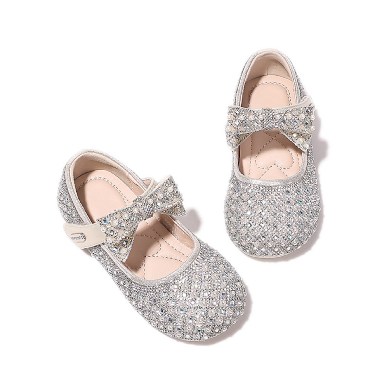 Mergaitėms skirtos kristalinės plokščios basutės su kvadratine nosimi, Velcro užsegimas, EVA įdėklas, 4–16 metų, ruduo 2025