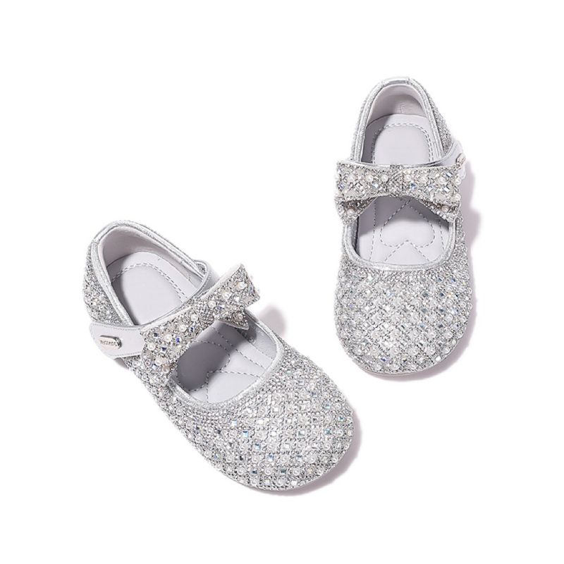 Mergaitėms skirtos kristalinės plokščios basutės su kvadratine nosimi, Velcro užsegimas, EVA įdėklas, 4–16 metų, ruduo 2025