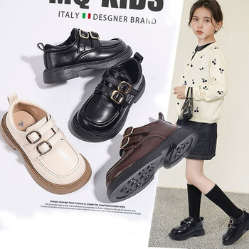 Pantofi de școală din piele pentru fete, cu cataramă, partea superioară PU, căptușeală din piele, PU tălpi, talpă din cauciuc, închidere Velcro, finisaj sablat, stil Preppy, primăvară-toamnă