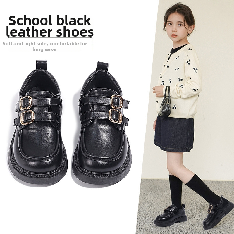 Pantofi de școală din piele pentru fete, cu cataramă, partea superioară PU, căptușeală din piele, PU tălpi, talpă din cauciuc, închidere Velcro, finisaj sablat, stil Preppy, primăvară-toamnă