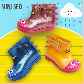 MINISED Dječje čizme za kišu – Crtani dinosaurus, PVC žute, srednje visine, za uzrast 4–6 godina