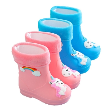 Детски дъждовни ботуши, подплатени с флис, PVC горна част, нисък тръб, карикатурен принт Rainbow Horse, за деца 4–12 години