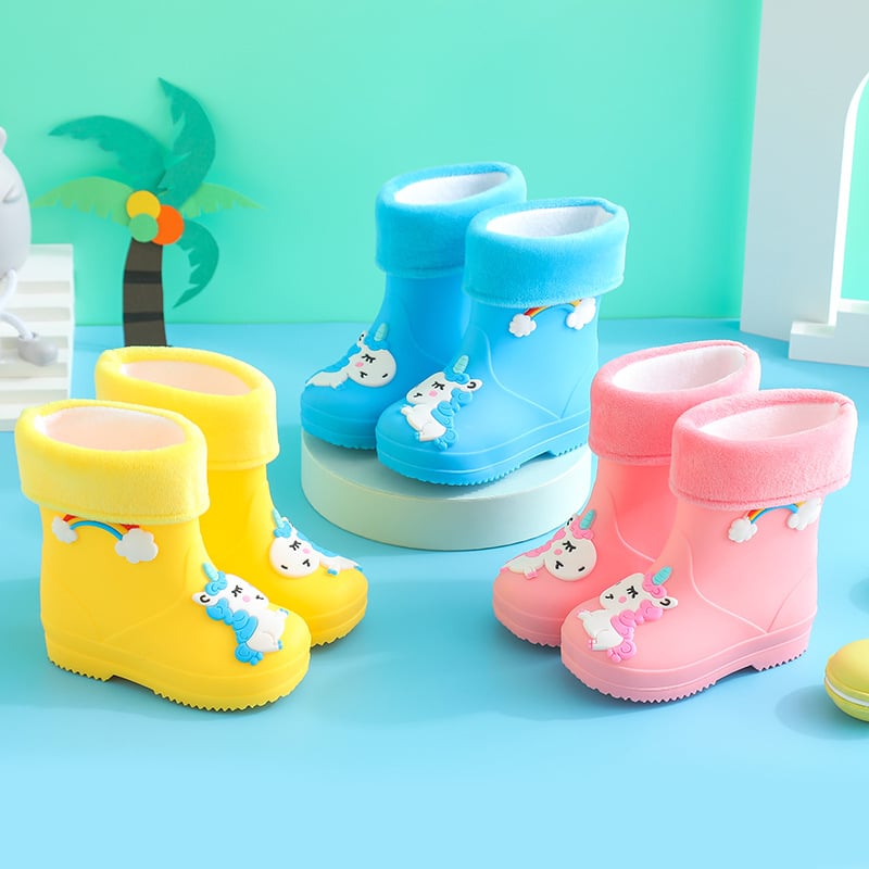 Детски дъждовни ботуши, подплатени с флис, PVC горна част, нисък тръб, карикатурен принт Rainbow Horse, за деца 4–12 години