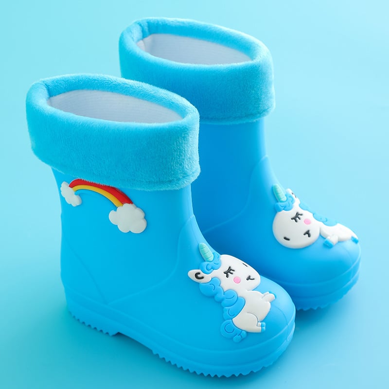 Детски дъждовни ботуши, подплатени с флис, PVC горна част, нисък тръб, карикатурен принт Rainbow Horse, за деца 4–12 години