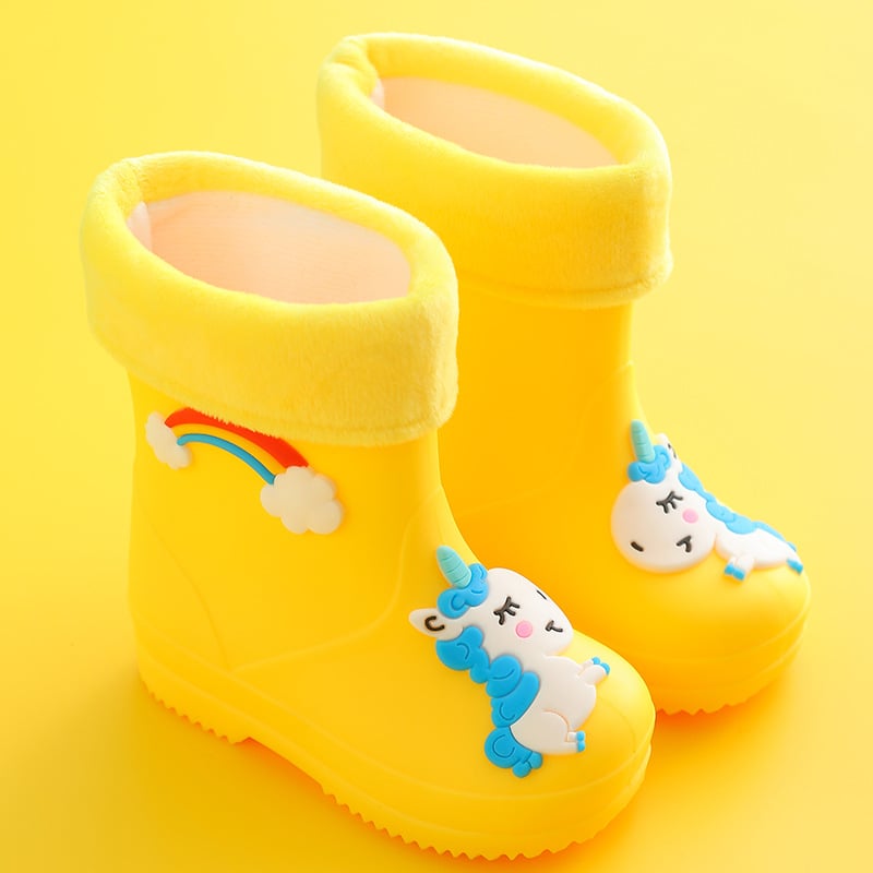 Детски дъждовни ботуши, подплатени с флис, PVC горна част, нисък тръб, карикатурен принт Rainbow Horse, за деца 4–12 години