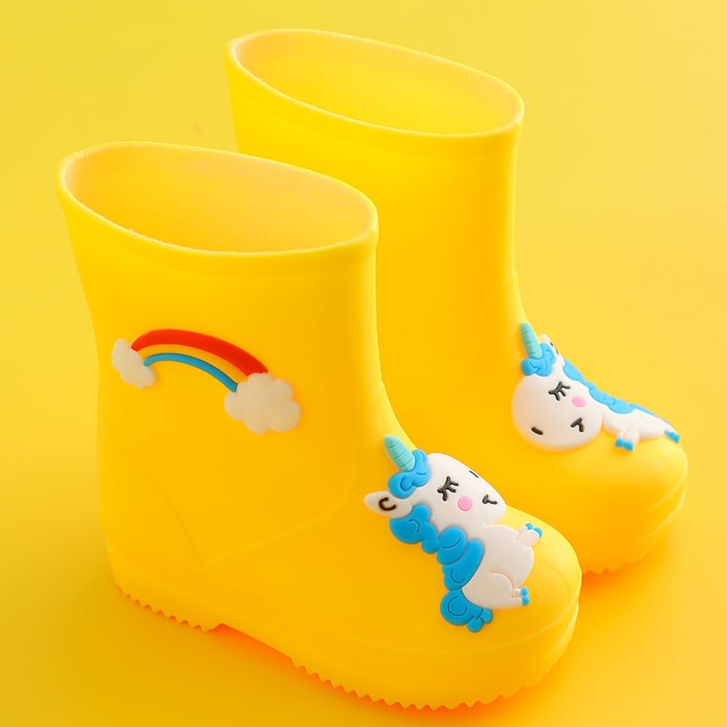 Детски дъждовни ботуши, подплатени с флис, PVC горна част, нисък тръб, карикатурен принт Rainbow Horse, за деца 4–12 години