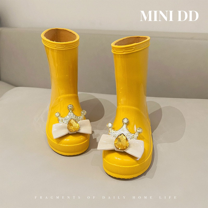 MINI DD Dječje čizme za kišu za djevojčice, stil princeze, srednje visoke, protuklizne, žute