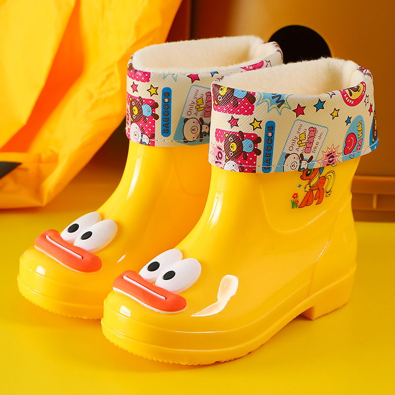 Ghete de ploaie pentru copii cu imprimeu desen animat, partea superioară din PVC, toc mic 1–3 cm, înălțime până la jumătatea gambelor, pentru toate anotimpurile