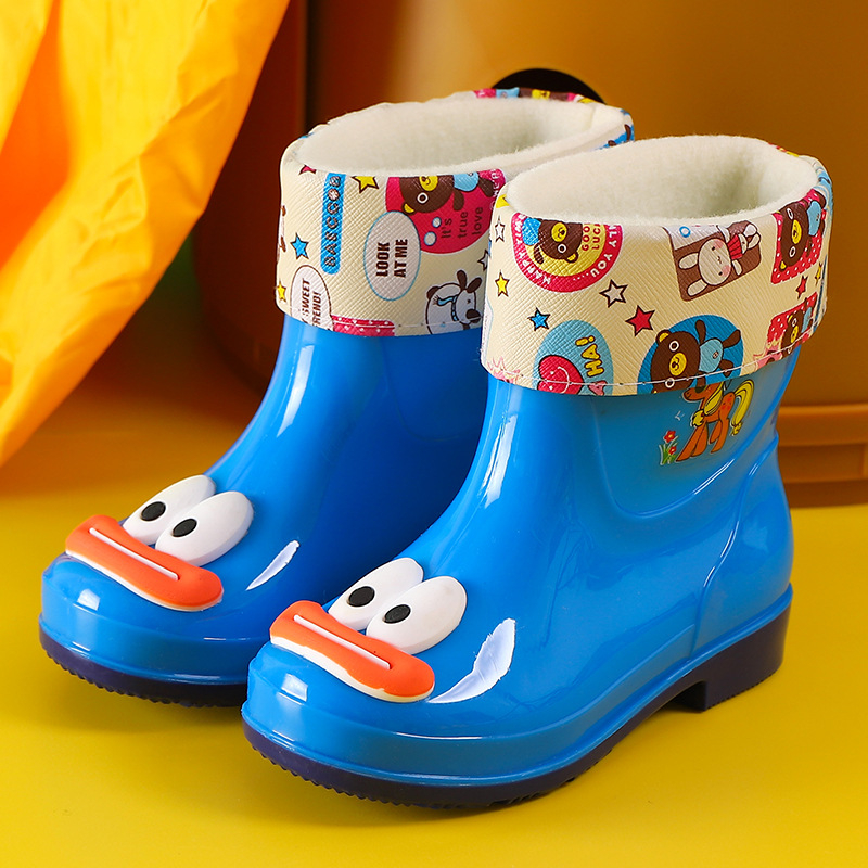Ghete de ploaie pentru copii cu imprimeu desen animat, partea superioară din PVC, toc mic 1–3 cm, înălțime până la jumătatea gambelor, pentru toate anotimpurile