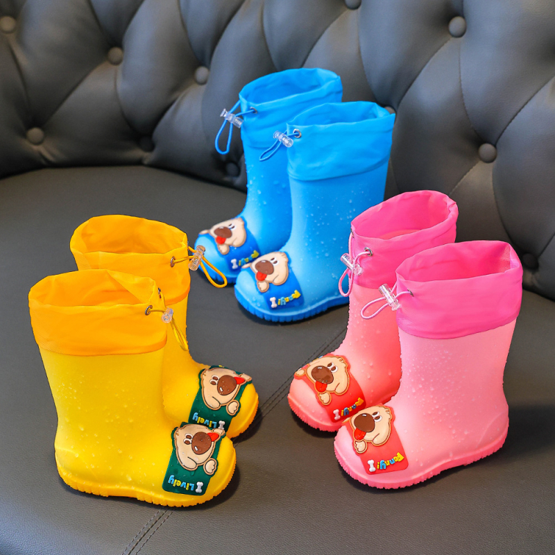 Ghete de ploaie pentru copii - Unisex, Model desen animat, Partea superioară din PVC, Înălțime medie a tubului, Toc mic 1–3 cm