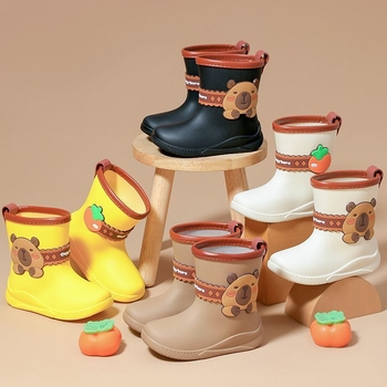 Ghete de ploaie pentru copii, imprimeu Capybara, unisex, exterior PVC, căptușire fleece, talie joasă