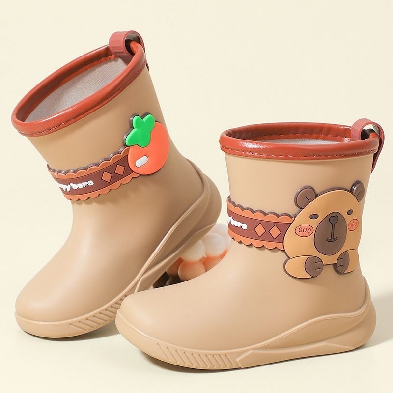 Ghete de ploaie pentru copii, imprimeu Capybara, unisex, exterior PVC, căptușire fleece, talie joasă