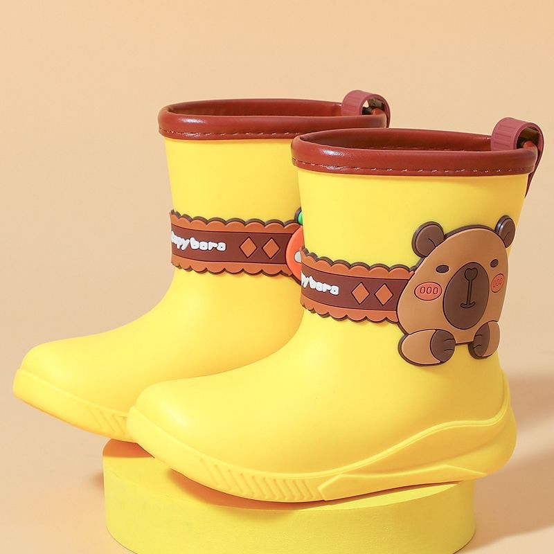Ghete de ploaie pentru copii, imprimeu Capybara, unisex, exterior PVC, căptușire fleece, talie joasă