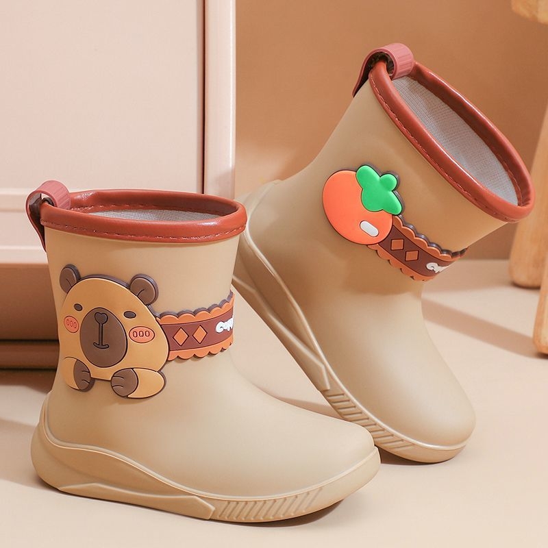 Ghete de ploaie pentru copii, imprimeu Capybara, unisex, exterior PVC, căptușire fleece, talie joasă