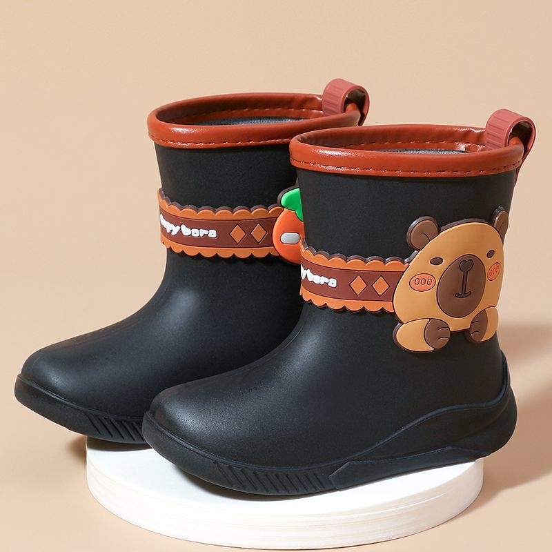 Ghete de ploaie pentru copii, imprimeu Capybara, unisex, exterior PVC, căptușire fleece, talie joasă