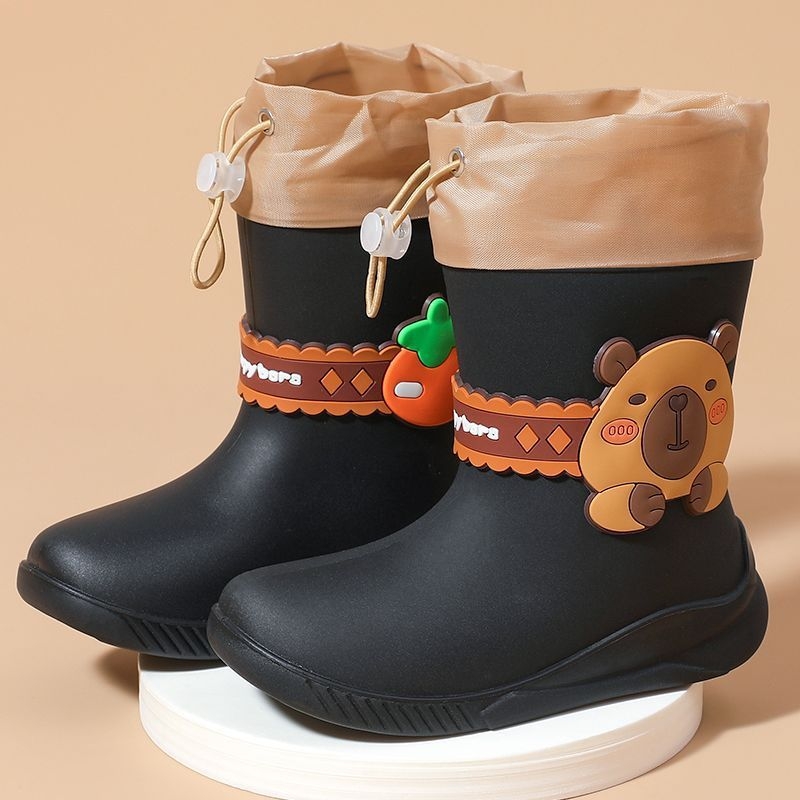 Ghete de ploaie pentru copii, imprimeu Capybara, unisex, exterior PVC, căptușire fleece, talie joasă