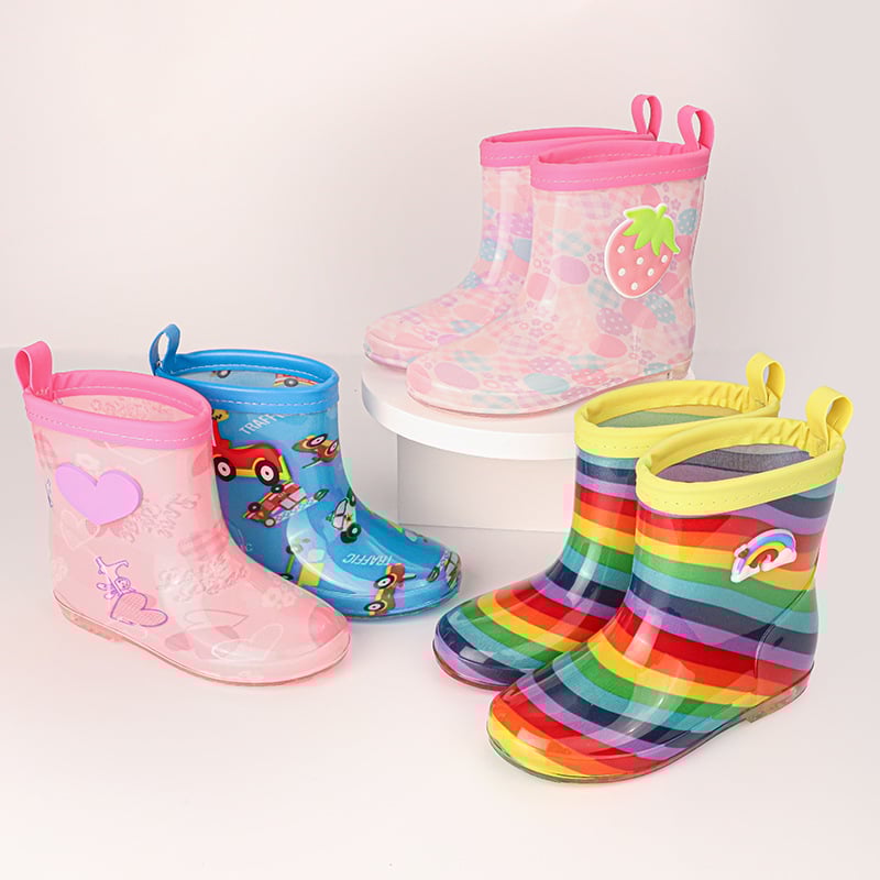 Gyerek esőcsizmák Cartoon mintával, PVC felsőrész, lapos sarok, alacsony cső, négy évszak