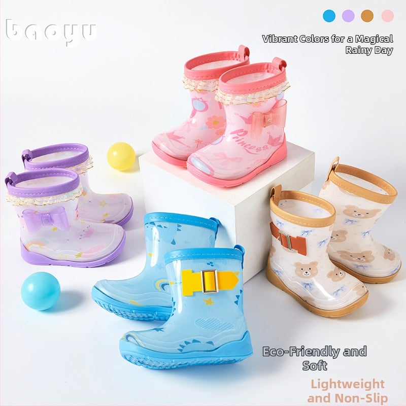 Baoyu gyermek esőcsizmája, PVC felsőrész, lapos sarok, középső szár, rajzfilm mintával
