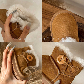 Mergaitėms sniego bateliai – viršus iš karvės split odos, padas TPES, užsegimas sagteliu, amžius 1–6 metai