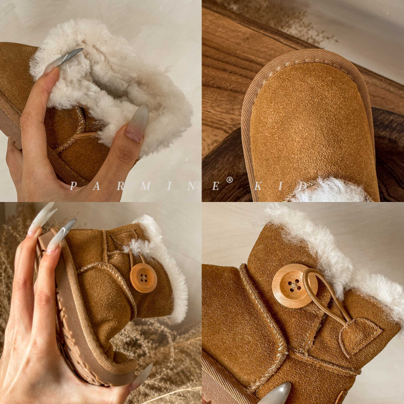 Mergaitėms sniego bateliai – viršus iš karvės split odos, padas TPES, užsegimas sagteliu, amžius 1–6 metai