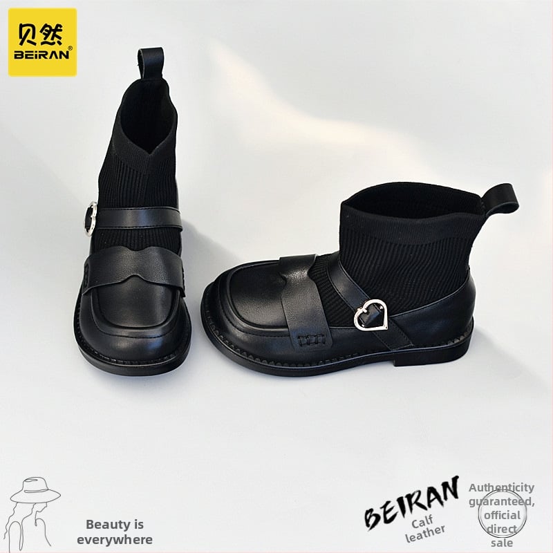 Mergaitėms skirti madingi batai iš karvų odos, guminė danga, vidutinio ilgio blauzda, EVA įdėklas, Korėjos stiliaus