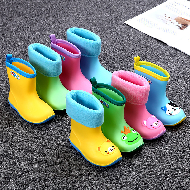 Детски гумени ботуши за дъжд с карикатурен дизайн - PVC горна част, плосък ток, нисък цилиндър, унисекс