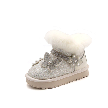 Cizme pentru copii până la gleznă, căptușite cu fleece, partea superioară din piele microfibră, decorate cu floare, fluture și perle cristal