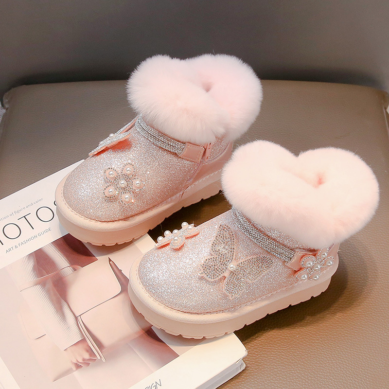 Cizme pentru copii până la gleznă, căptușite cu fleece, partea superioară din piele microfibră, decorate cu floare, fluture și perle cristal
