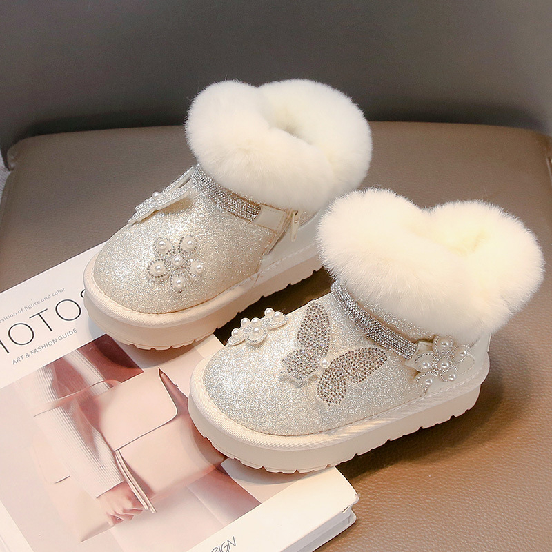 Cizme pentru copii până la gleznă, căptușite cu fleece, partea superioară din piele microfibră, decorate cu floare, fluture și perle cristal