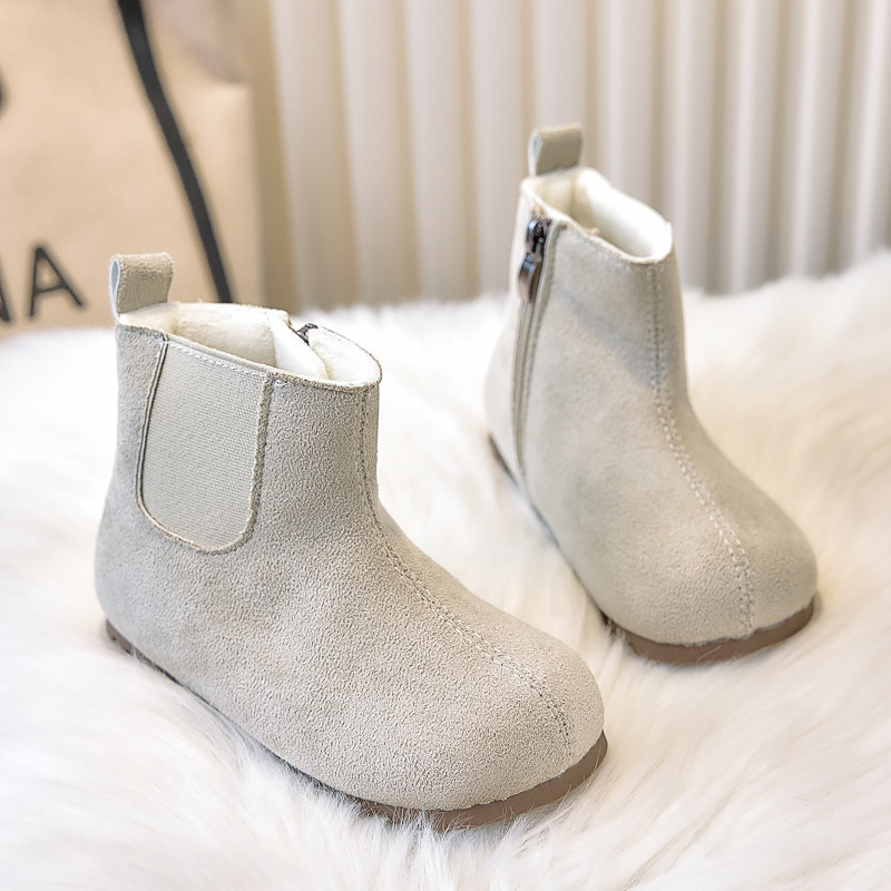 Botine unisex de iarnă pentru copii, căptușite cu fleece, partea superioară din piele artificială, talpă din cauciuc, înălime medie, fermoar lateral