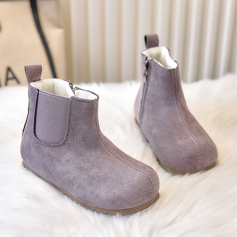 Botine unisex de iarnă pentru copii, căptușite cu fleece, partea superioară din piele artificială, talpă din cauciuc, înălime medie, fermoar lateral