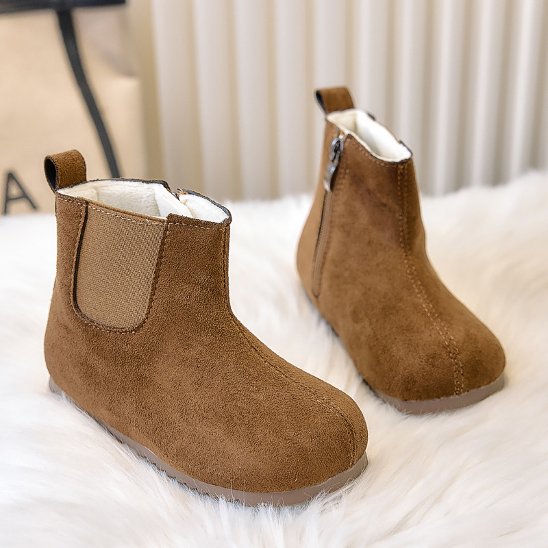 Botine unisex de iarnă pentru copii, căptușite cu fleece, partea superioară din piele artificială, talpă din cauciuc, înălime medie, fermoar lateral